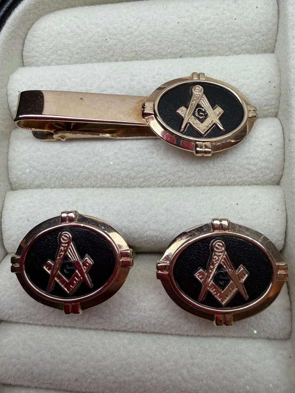 Gold-Tone Freemason Emblem Tie Bar and Cufflink Set - Black Inlay